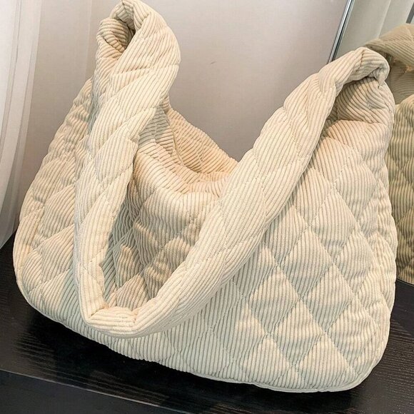Beige Corduroy Tote Bag – Large Capacity, Soft Diamond Pattern Shoulder Bag - Picture 1 of 4